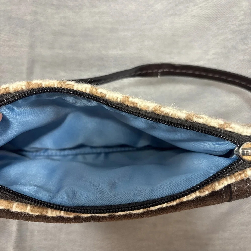 Coach Houndstooth Wool & Suede Tweed Turn Lock Wristlet Tan Brown
